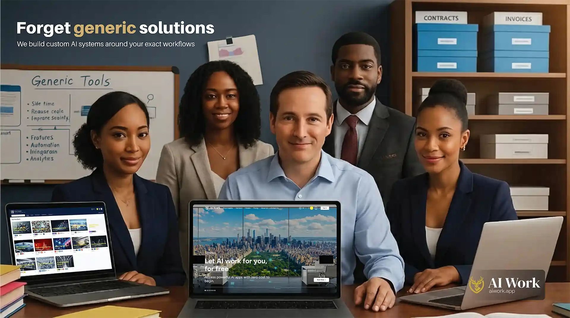 Team around a table with laptop showing AI work models